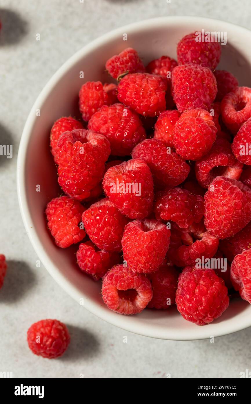 Framboises rouges biologiques crues dans un bol Banque D'Images