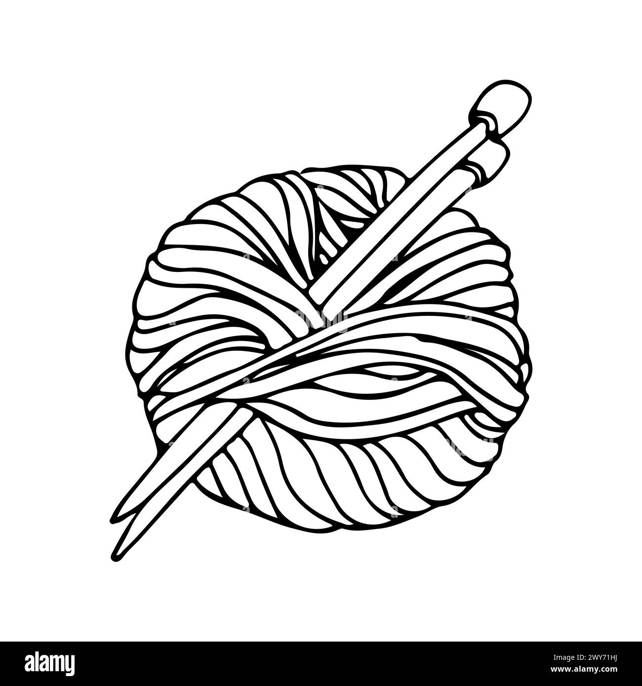 Fils et aiguilles à tricoter - ensemble à tricoter - illustration linéaire vectorielle pour la coloration, logo ou pictogramme. Une boule ronde de fil avec des aiguilles collées Banque D'Images
