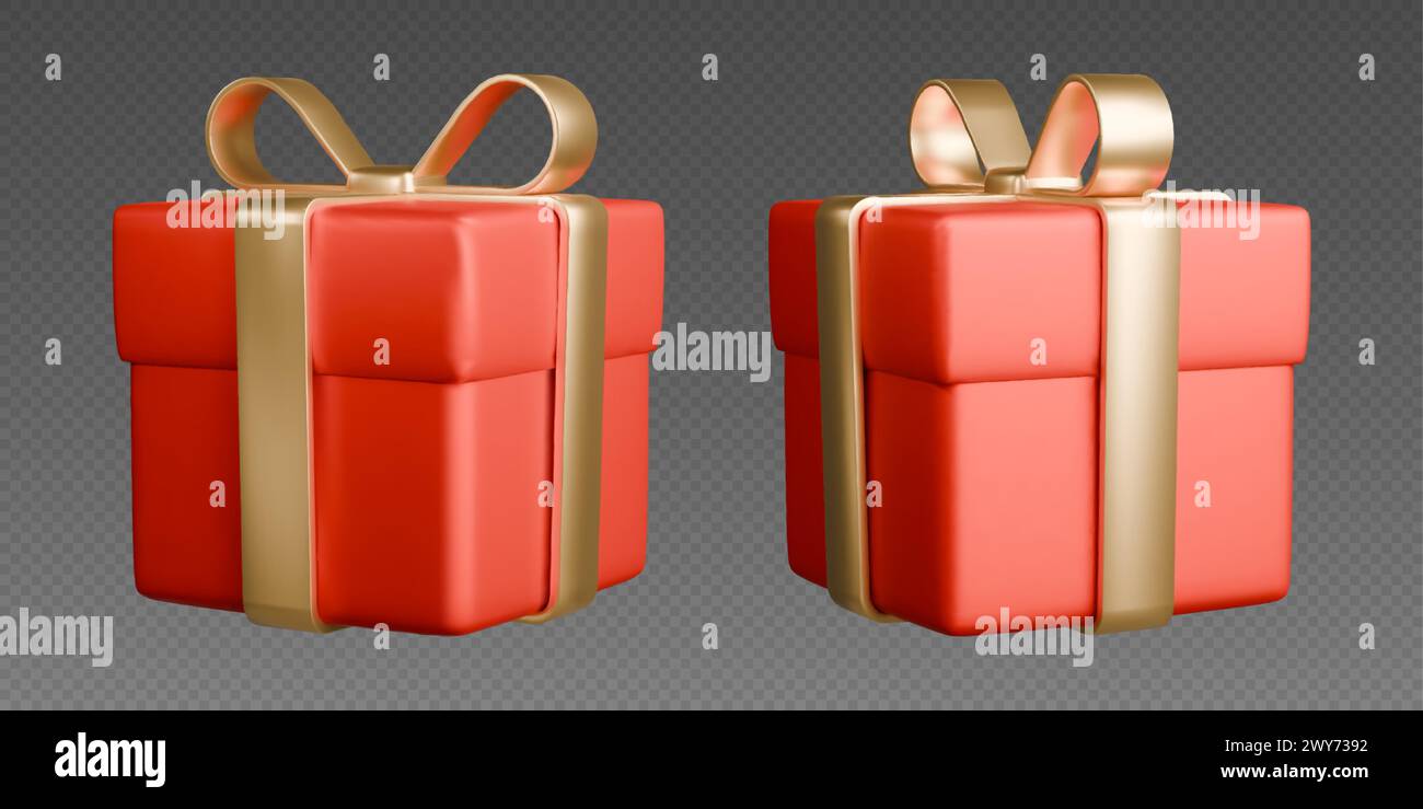 Boîtes cadeaux rouges avec des rubans dorés, boîtes 3D réalistes avec des arcs. Cadeaux de Noël surprise isolés sur fond gris. Illustration de Vecteur