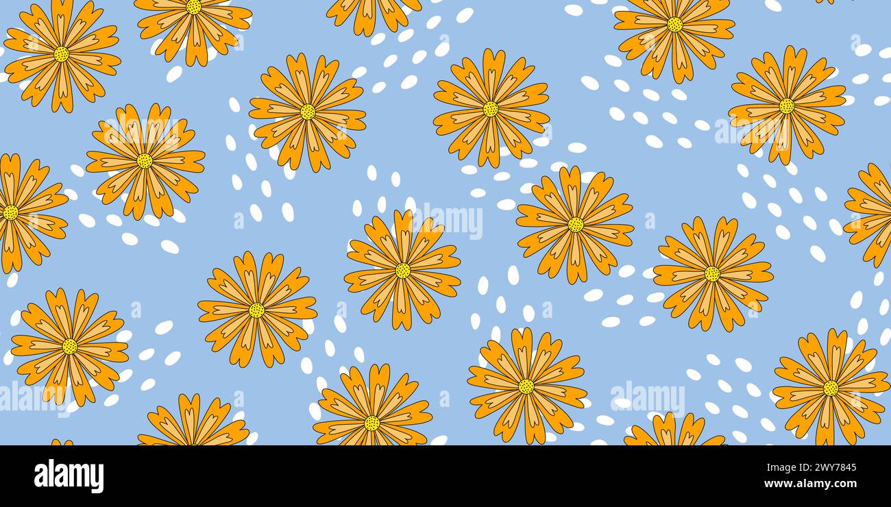 Modèle sans couture avec des fleurs de chrysanthème ou de souci et des gouttes abstraites sur fond bleu, illustration vectorielle Illustration de Vecteur