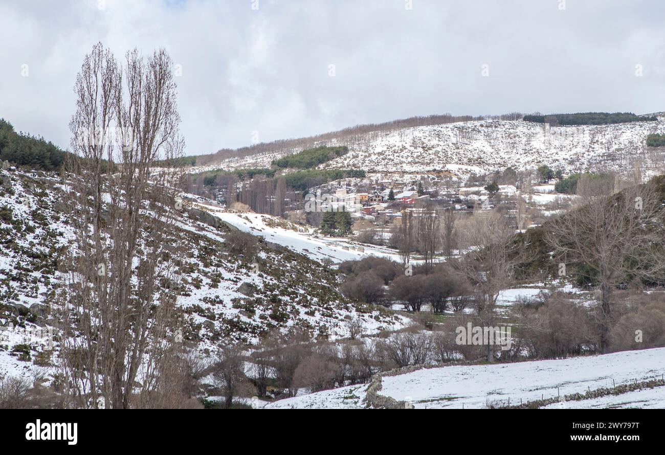 Aperçu de Hoyos del Collado, Avila, Castille-et-Léon, Espagne. Paysage enneigé Banque D'Images