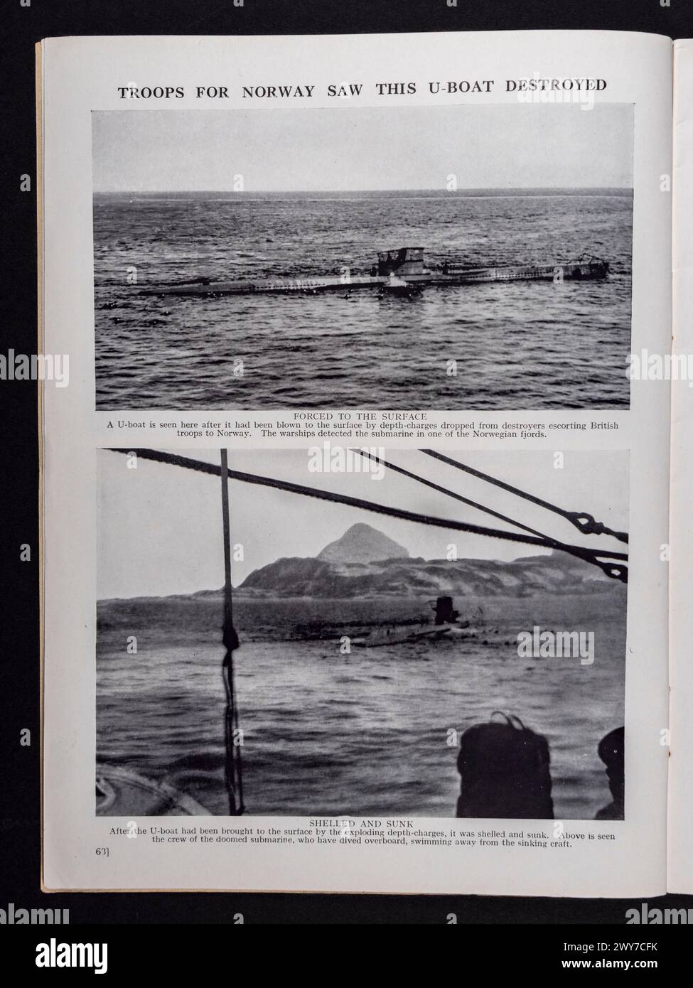 Photos de Norvège montrant un U-boat allemand dans l'histoire picturale de la guerre de Hutchinson (no 3, série 5), publié en 1940. Banque D'Images