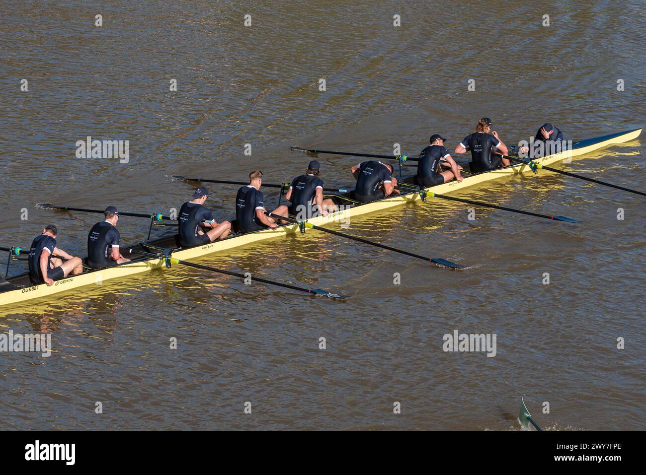 Oxford (Isis) après avoir perdu la course de réserve masculine de l'University Boat Race. Rameurs et cox abattus Banque D'Images