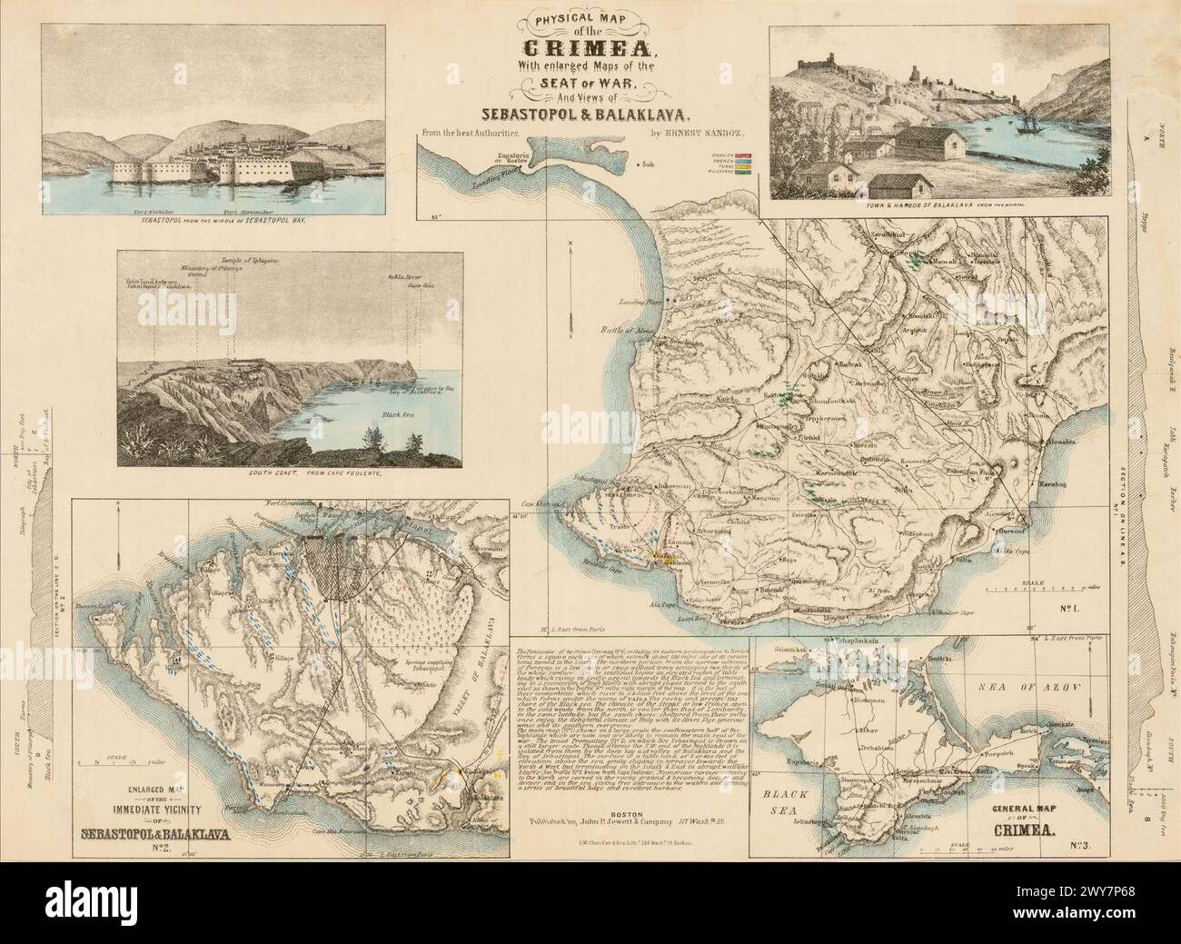 Carte vintage. Carte physique de la Crimée, avec des cartes agrandies du siège de la guerre de Crimée, et des vues de Sébastopol et Balaklava. Par Ernest Sandaz. Banque D'Images