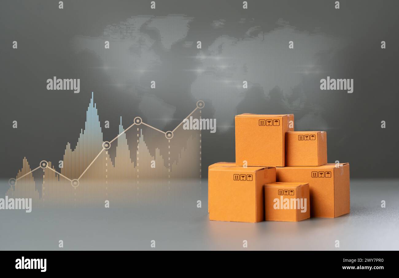Boîtes contenant des graphiques de croissance des marchandises et des ventes. Croissance de l'économie. Sentiment des consommateurs et demande de biens. Augmentation des ventes, de la production, du transport et Banque D'Images