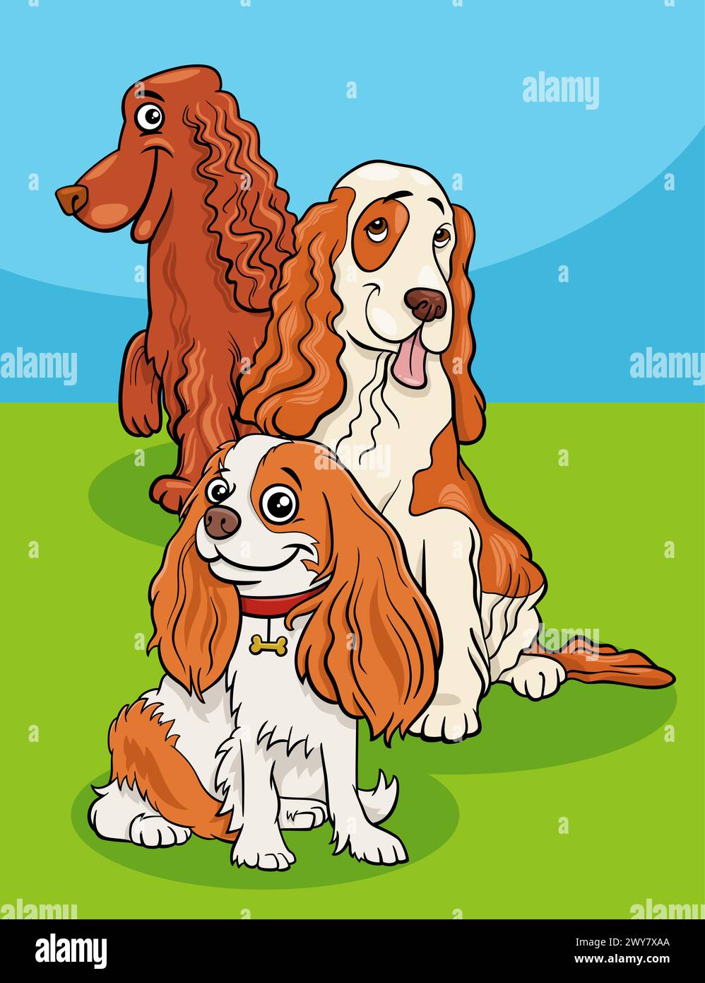 Illustration de bande dessinée de trois drôles de chiens d'épaniel de race pure groupe de personnages d'animaux comiques Illustration de Vecteur
