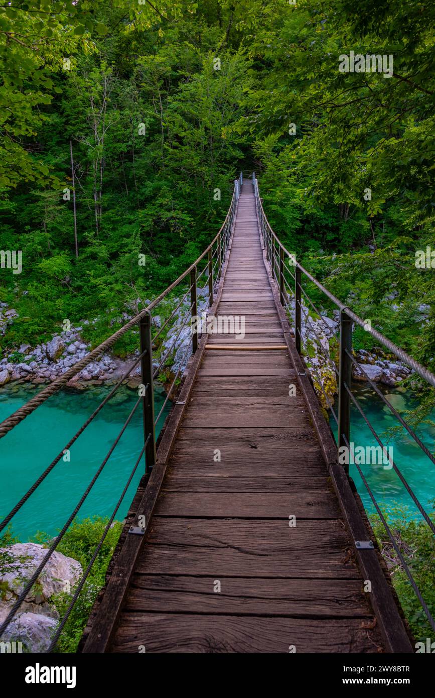 Pont en bois sur la rivière soca en Slovénie Banque D'Images