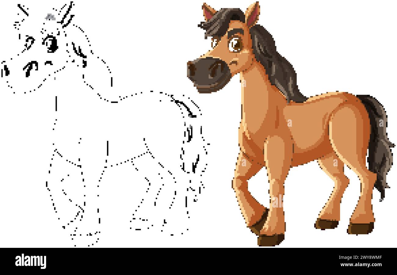 Illustration montrant la transformation d'un cheval du dessin au trait à la couleur. Illustration de Vecteur