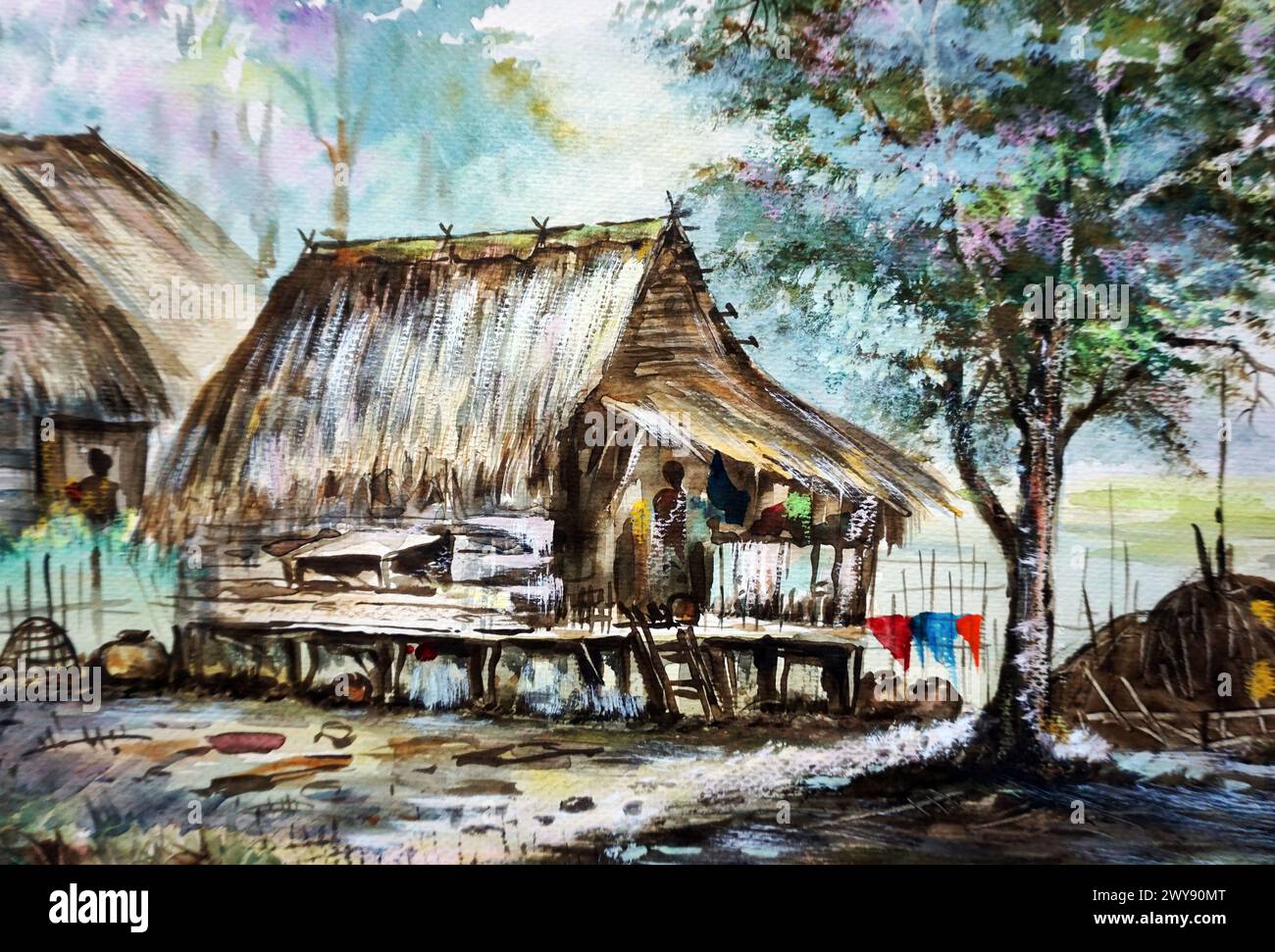 peint à la main original impressionnisme chefs-d'œuvre peintre art contemporain aquarelle peinture rurale thaïlande paysage campagne Banque D'Images