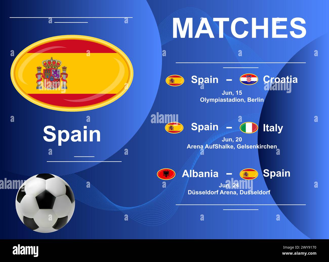 Calendrier des matchs de l'équipe nationale espagnole lors de la phase finale du Championnat d'Europe de football 2024. Image vectorielle. Illustration de Vecteur