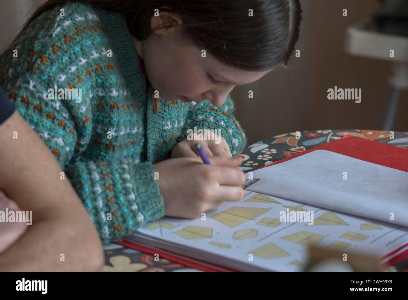 Fille, 10 ans, faisant des travaux scolaires, Mecklembourg-Poméranie occidentale, Allemagne Banque D'Images