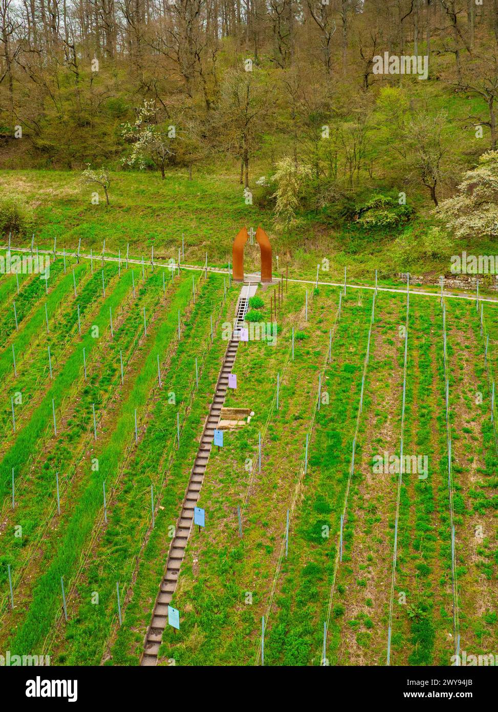 Les gens admirent une œuvre d'art au milieu d'un vignoble verdoyant, Jesus Grace Chruch, Weitblickweg, randonnée de Pâques, Hohenhaslach, Allemagne Banque D'Images