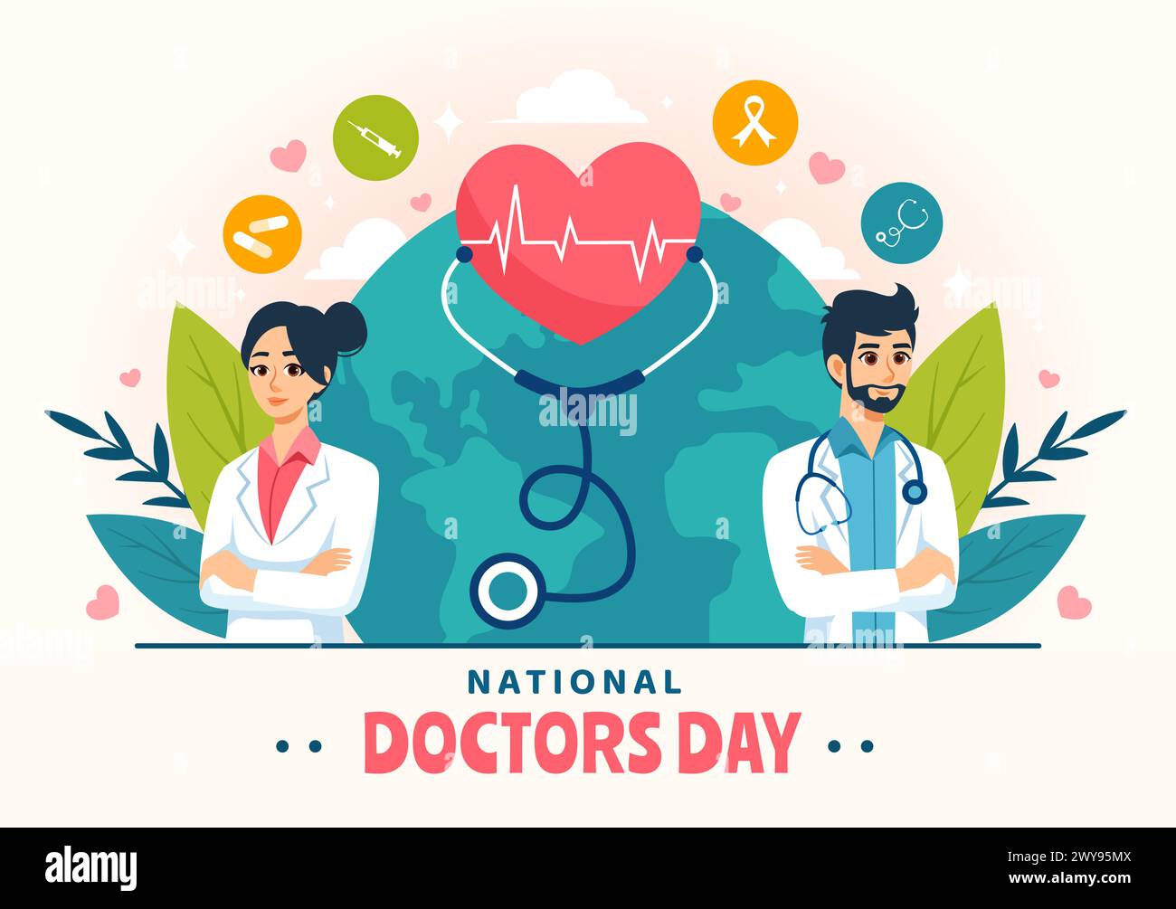 Illustration vectorielle de la Journée nationale des médecins avec médecin, stéthoscope et équipement médical pour le dévouement et les contributions en fond de dessin animé plat Illustration de Vecteur