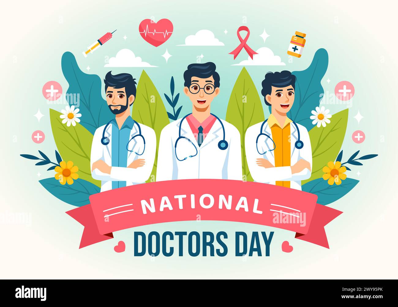 Illustration vectorielle de la Journée nationale des médecins avec médecin, stéthoscope et équipement médical pour le dévouement et les contributions en fond de dessin animé plat Illustration de Vecteur