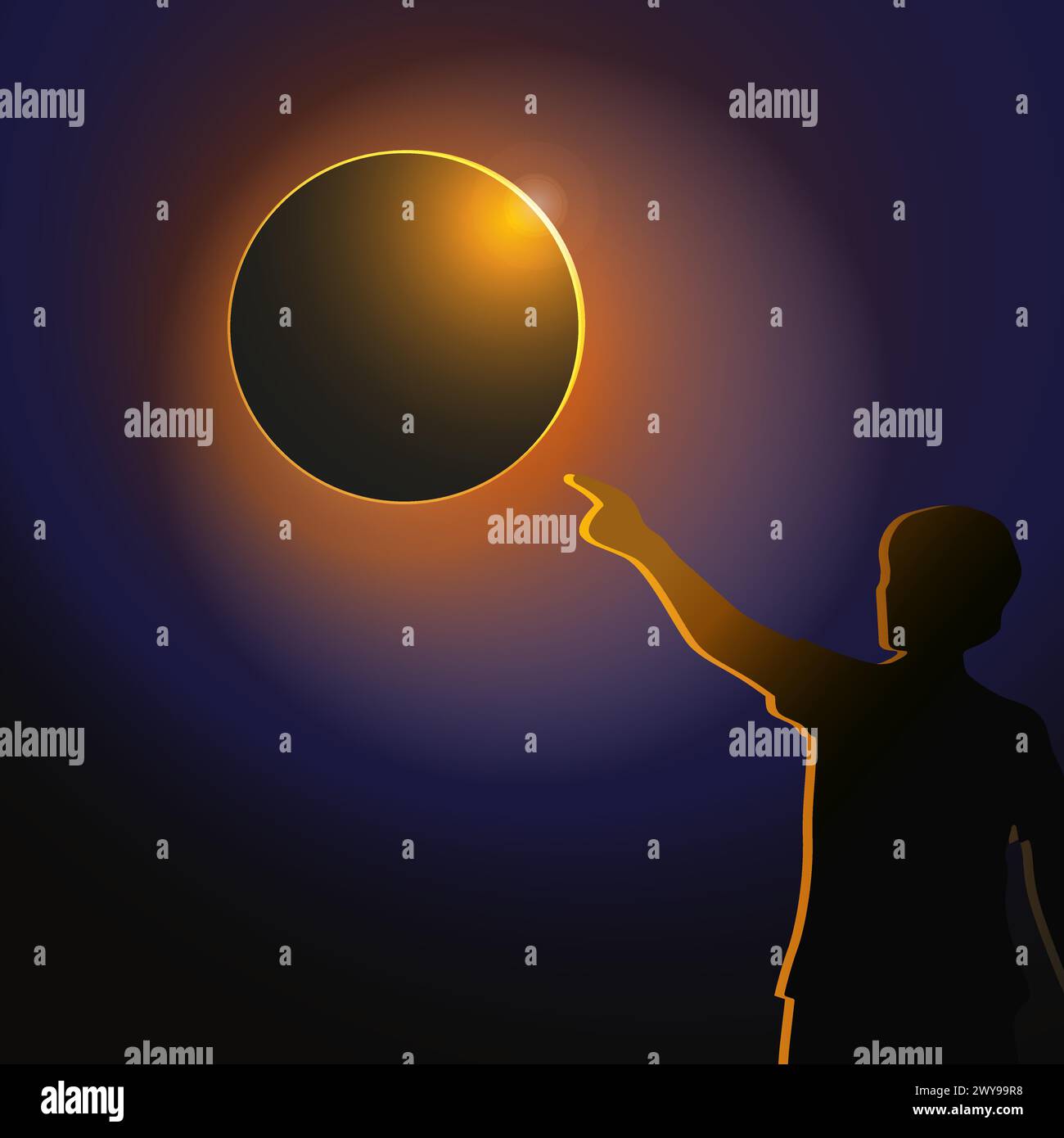 Un homme pointe son index vers une éclipse solaire. Vue arrière d'une personne regardant une éclipse solaire dans le ciel depuis le sol Illustration de Vecteur