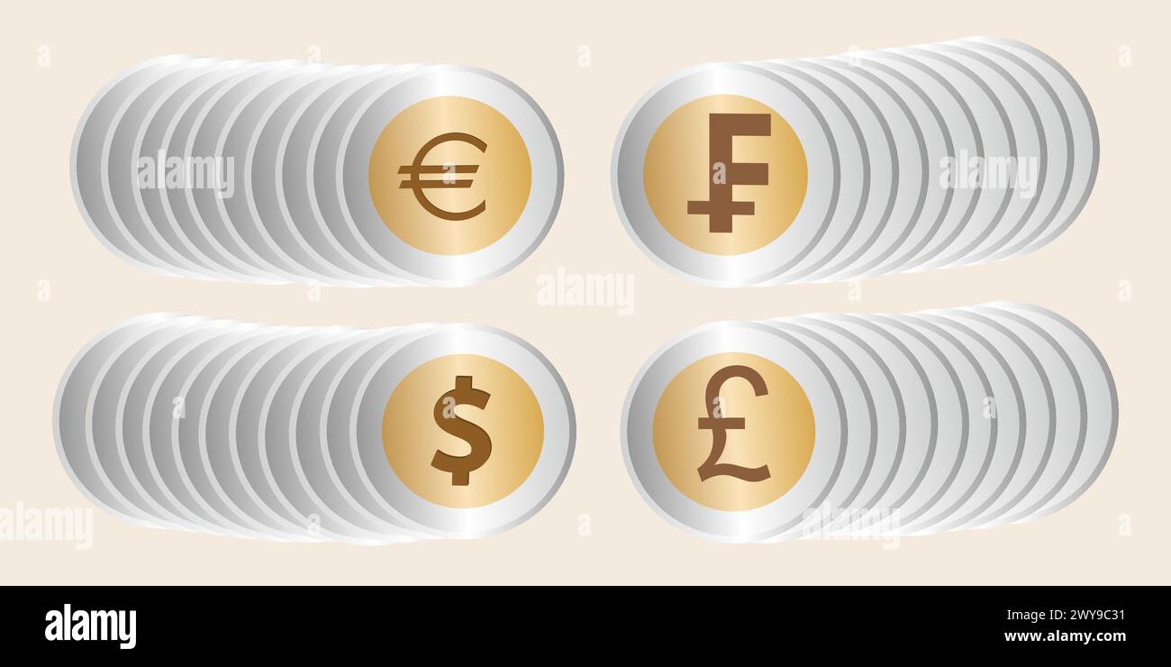 Quatre pièces différentes comme euro, dollar, livre sterling, franc suisse Illustration de Vecteur