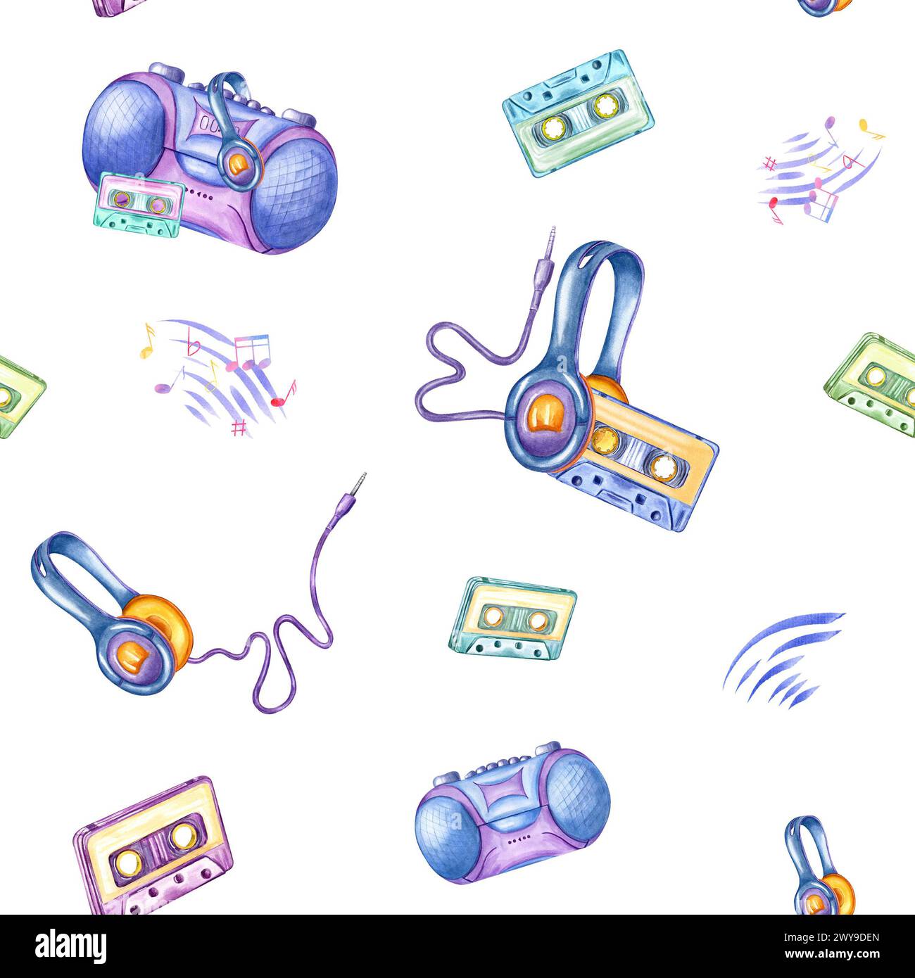 Casque filaire. Cassette audio. Magnétophone. Sons de musique et notes de musique. Motif sans couture vintage de musique. Illustration aquarelle couleur Banque D'Images
