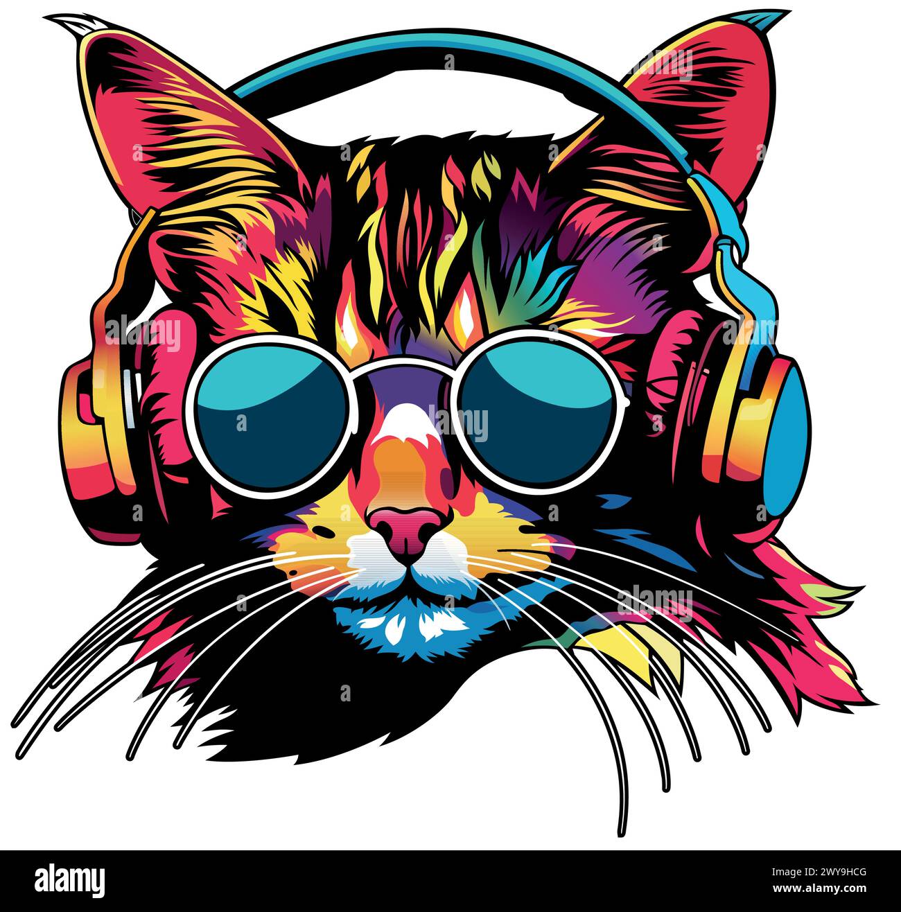 Portrait d'un chat coloré avec des écouteurs Illustration de Vecteur
