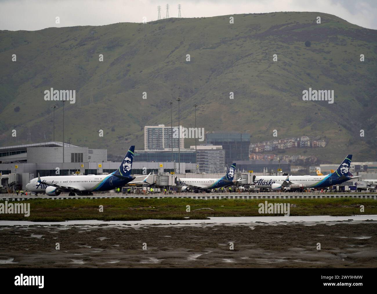 San Francisco. 4 avril 2024. Cette photo prise le 4 avril 2024 montre des avions d'Alaska Airlines à l'aéroport international de San Francisco à San Francisco, aux États-Unis. Boeing a versé à Alaska Airlines 160 millions de dollars américains en compensation au premier trimestre pour l'immobilisation du 737 Max 9, selon la compagnie aérienne. Crédit : Li Jianguo/Xinhua/Alamy Live News Banque D'Images