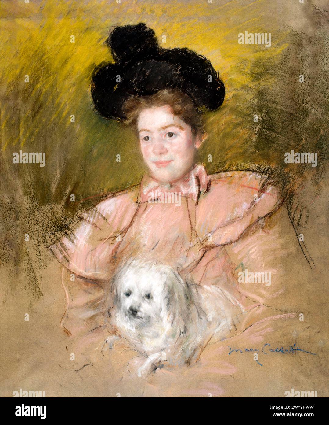 Femme en costume de framboise tenant un dessin de chien en haute résolution par Mary Cassatt. Original de la Smithsonian institution. Banque D'Images