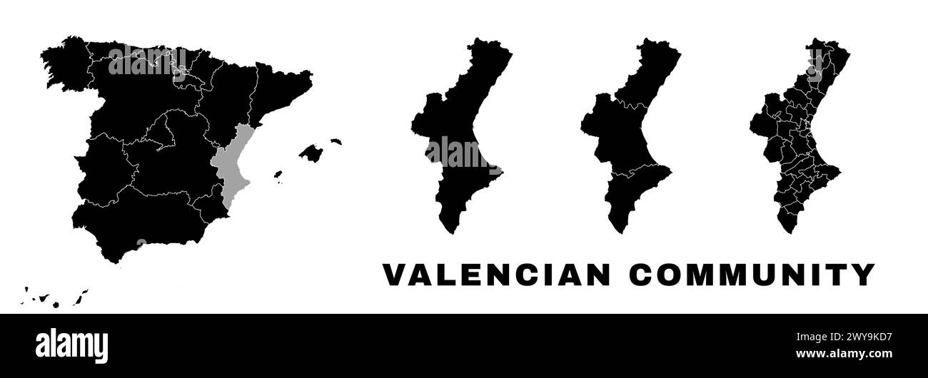 Carte de la Communauté valencienne, communauté autonome en Espagne. Division administrative espagnole, régions, arrondissements et municipalités. Illustration de Vecteur