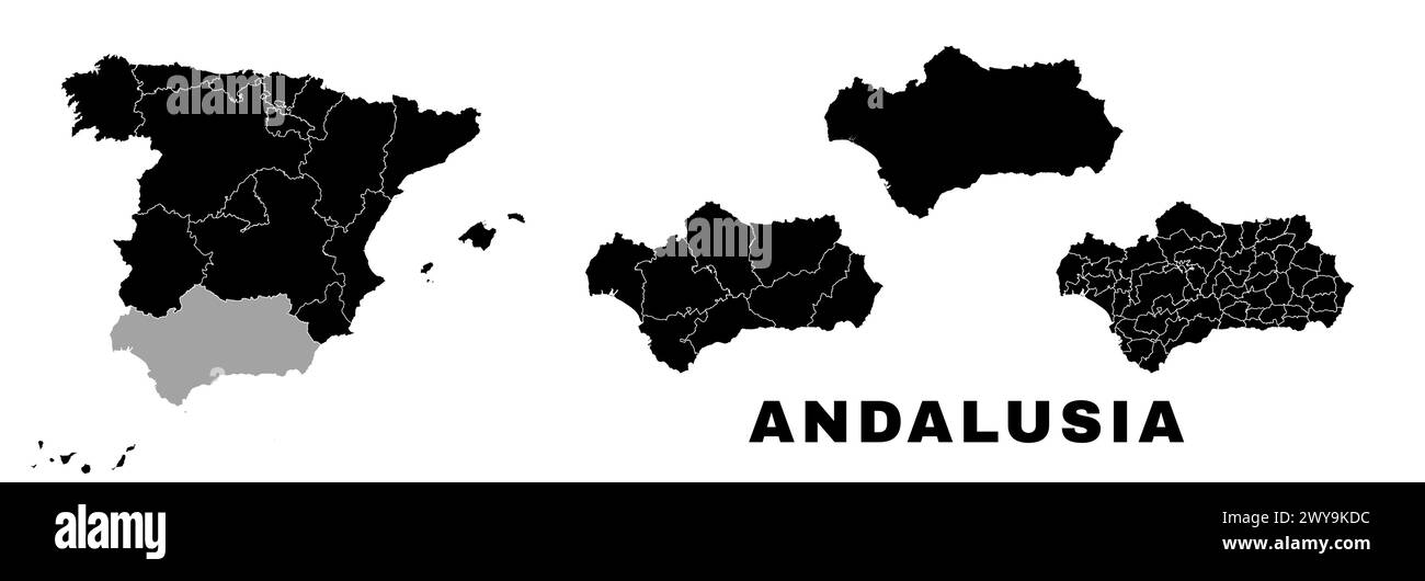 Carte Andalousie, communauté autonome en Espagne. Division administrative espagnole, régions, arrondissements et municipalités. Illustration de Vecteur