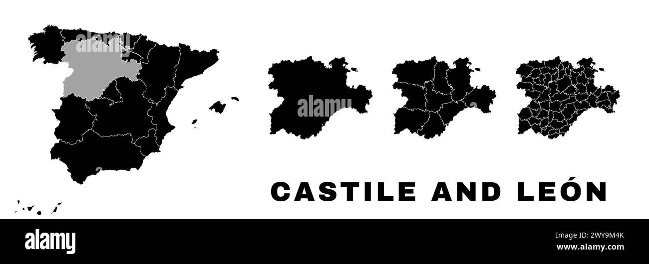 Carte Castille-et-Léon, communauté autonome en Espagne. Division administrative espagnole, régions, arrondissements et municipalités. Illustration de Vecteur