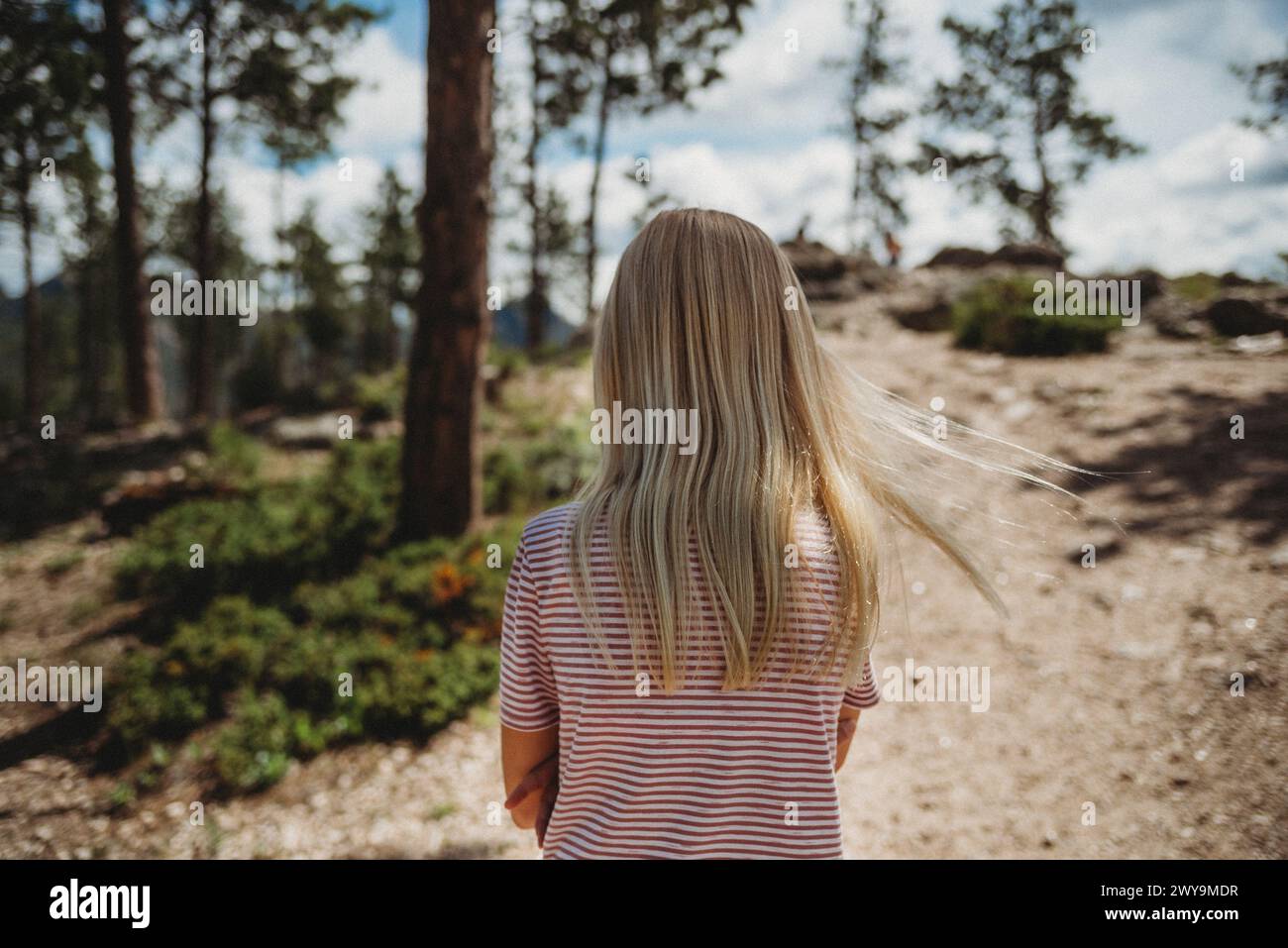 Vue arrière des cheveux de l'adolescente lors de la randonnée en montagne en été Banque D'Images