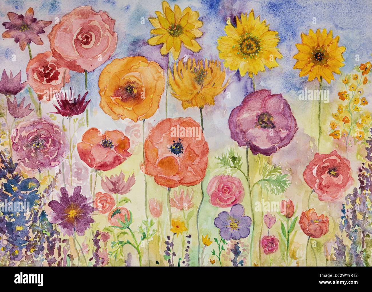 Peinture de jardin fleuri en été. La technique de tamponnage près des bords donne un effet de flou dû à la rugosité de surface modifiée du papier. Banque D'Images