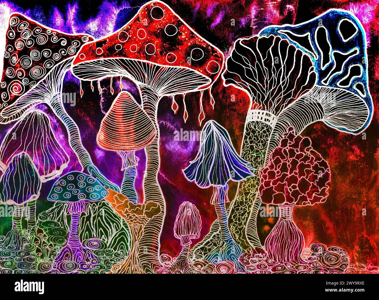 Dessin de champignon psychédélique avec stylo blanc. La technique de tamponnage près des bords donne un effet de flou dû à la rugosité de surface modifiée de th Banque D'Images