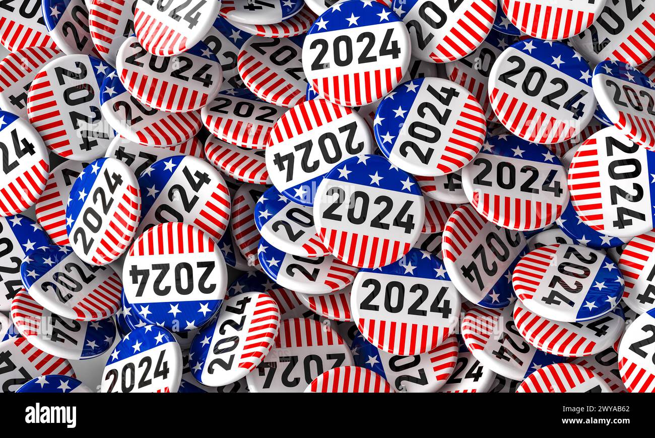 Boutons électoraux américains patriotiques pour 2024 empilés. rendu 3d. Banque D'Images