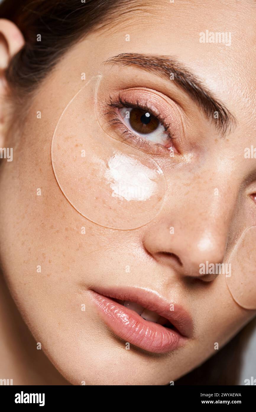 Une jeune femme caucasienne avec des patchs sous les yeux exsudant une routine de beauté sereine, gros plan Banque D'Images