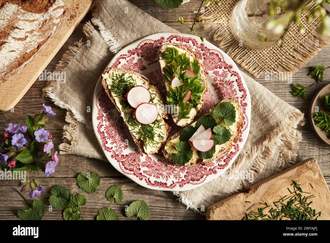 Plantes comestibles sauvages au printemps - herbe à oignon, moutarde à l'ail et aîné moulu, sur des tranches de pain sur une assiette Banque D'Images