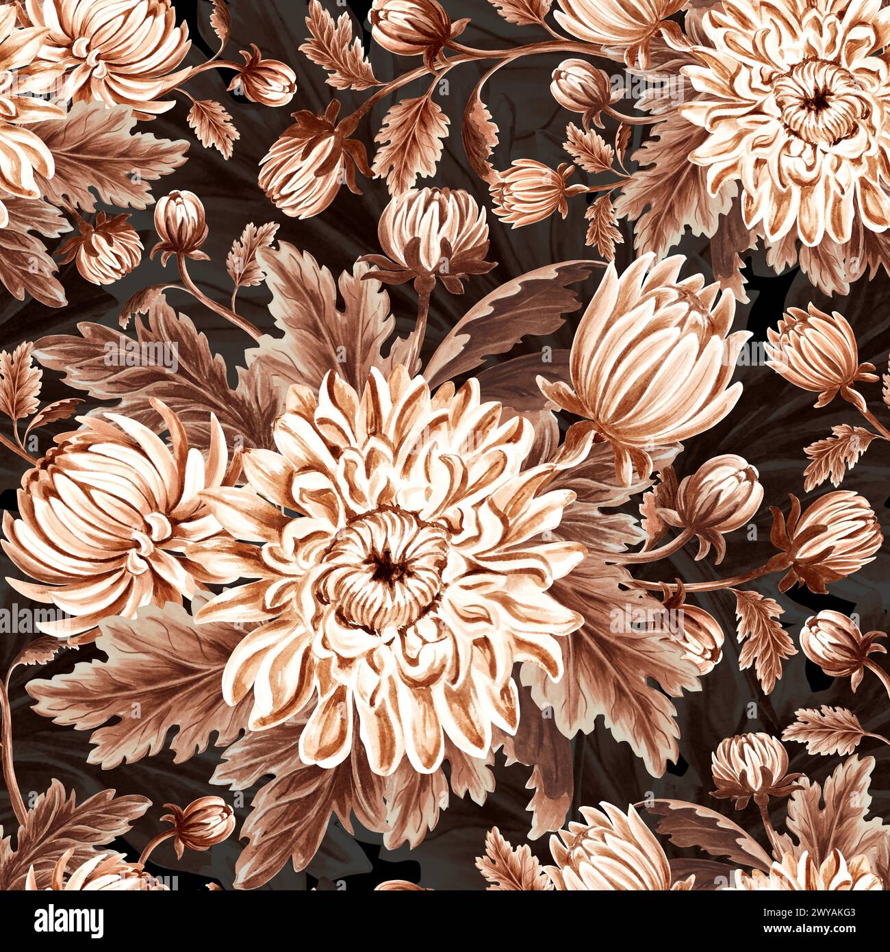 Modèle sans couture monochrome de chrysanthème avec des feuilles sur fond sombre. Illustration d'aquarelle dessinée à la main de couleur brune. Fleurs de jardin. Templat Banque D'Images