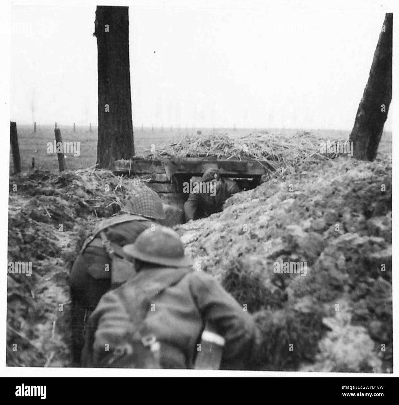 Les soldats du 1er Bataillon, Rifle Brigade, transportent des munitions vers un poste de mitrailleuse avancé sous le feu pendant les opérations de guerre. La photographie documente l'activité de l'armée britannique avec le 21e groupe d'armées. Banque D'Images