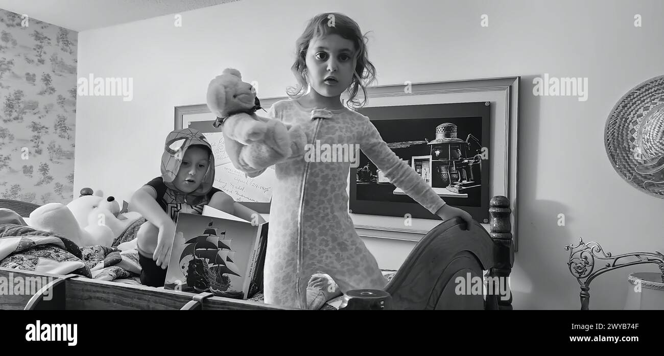 Deux frères et sœurs sur un lit superposé, l'un avec un livre, l'autre avec un ours en peluche Banque D'Images