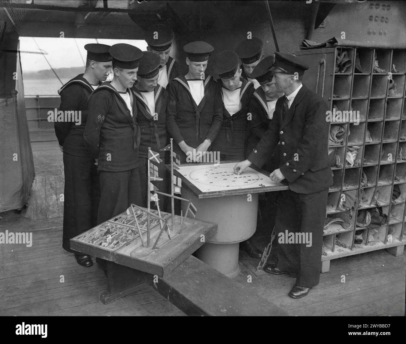 En septembre 1940, sur le pont de signalisation du HMS Rodney, des messages sont envoyés par sémaphore le jour et par lampes morse la nuit. Les Signalmen utilisaient des drapeaux pour manœuvrer la flotte. Banque D'Images
