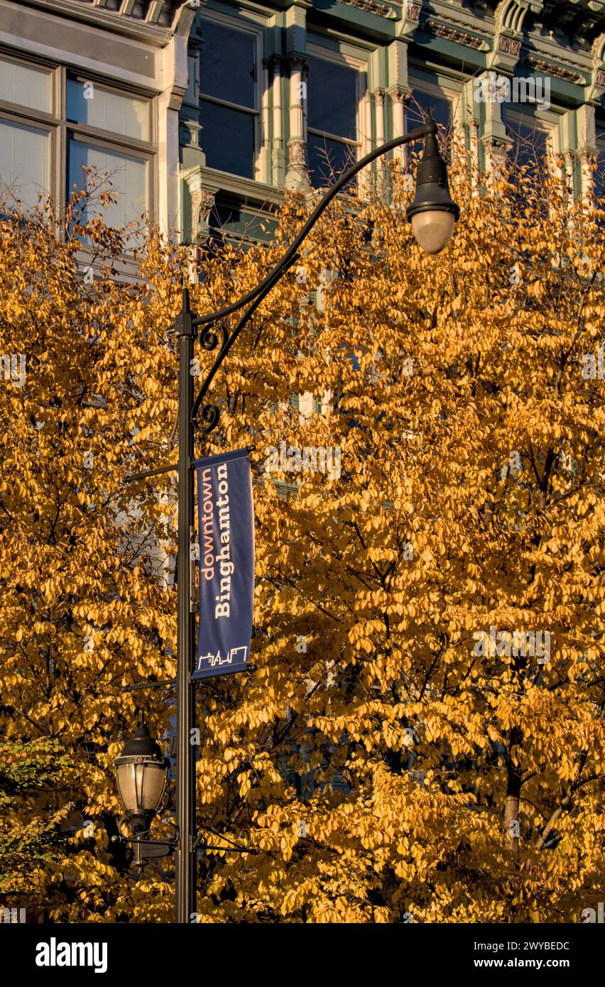 Vue sur les bâtiments du centre-ville de Binghamton au coucher du soleil heure dorée (architecture historique, y compris le bâtiment de la presse sur la rue court et chenango) automne c Banque D'Images