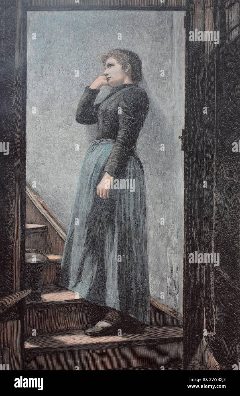 Traurige Frau steht auf der Treppe. Kunstbeilage in der Zur Guten Stunde 1897, nach einem Gemälde von Erich Bruntal - Heimatlos / triste femme debout sur les escaliers. Supplément d'art dans le Zur Guten Stunde 1897, après une peinture par Erich Bruntal - sans-abri, Historisch, restauration numérique Reproduktion einer Originalvorlage aus dem 19. Jahrhundert, genaues Originaldatum nicht bekannt / historique, numérique reproduction améliorée d'un original du 19th siècle, Banque D'Images