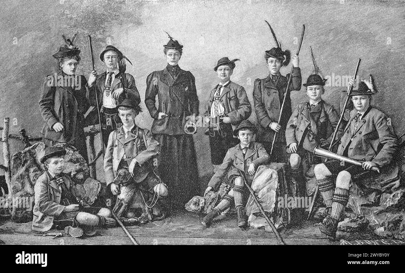 Fürstliche Sommerfrischler. Liens: Prinzessin Gabriele, Prinz Oskar, Kronprinz Wilhelm, Prinz Ludwig, Prinzessin Sophie, Prinz Fritz, Prinz Franz Joseph, Prinzessin Elisabeth, Prinz August und Prinz Adalbert, UM 1887, Deutschland / Princely visiteurs d'été. De gauche à droite : la princesse Gabriele, le prince Oskar, le prince héritier Wilhelm, le prince Ludwig, la princesse Sophie, Prince Fritz, Prince Franz Joseph, Princesse Elisabeth, Prince August et Prince Adalbert, 1887 ans, Allemagne, Historisch, digital restaurierte Reproduktion einer Originalvorlage aus dem 19. Jahrhundert, genaues Originaldatum nicht bekannt / Banque D'Images