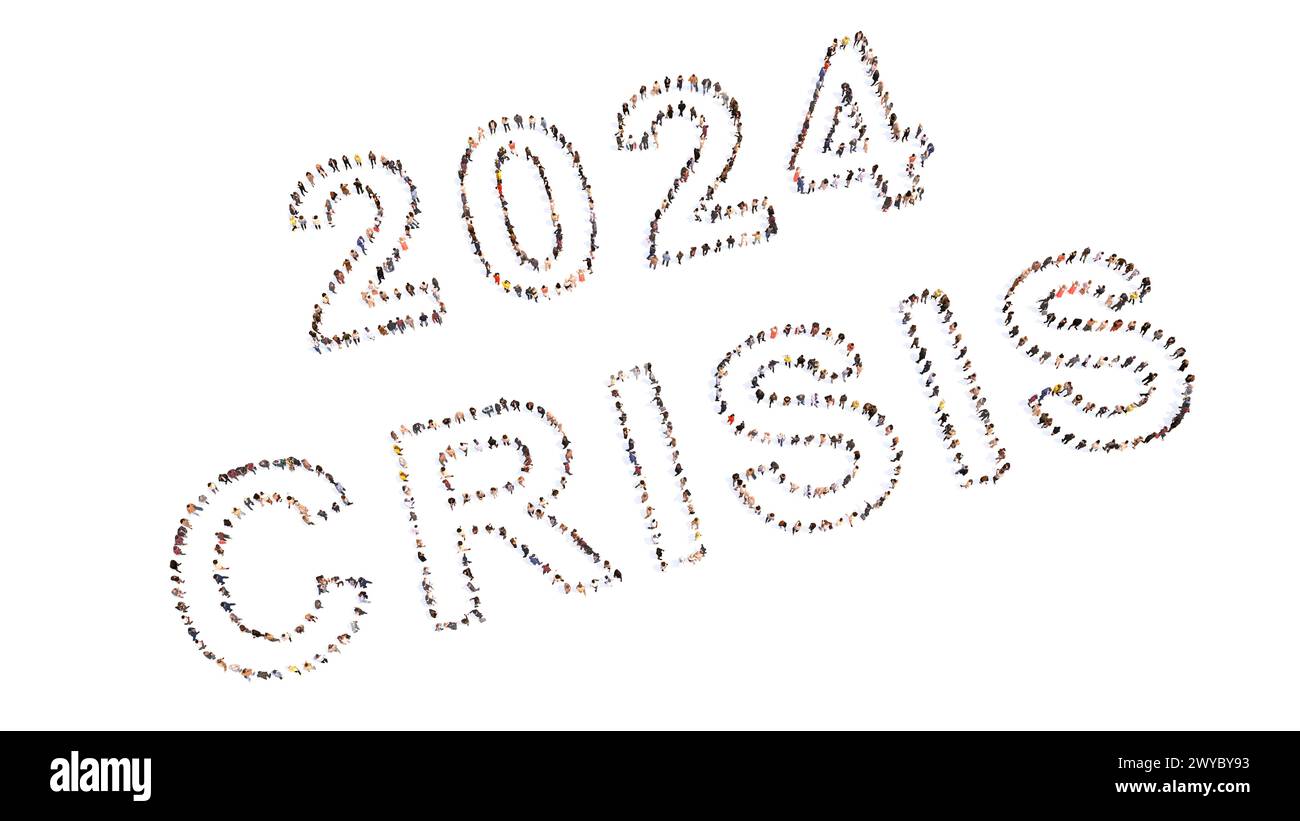 Concept ou communauté conceptuelle de personnes formant le message DE CRISE DE 2024. 3d illustration métaphore de la crise économique et financière , croissance lente Banque D'Images