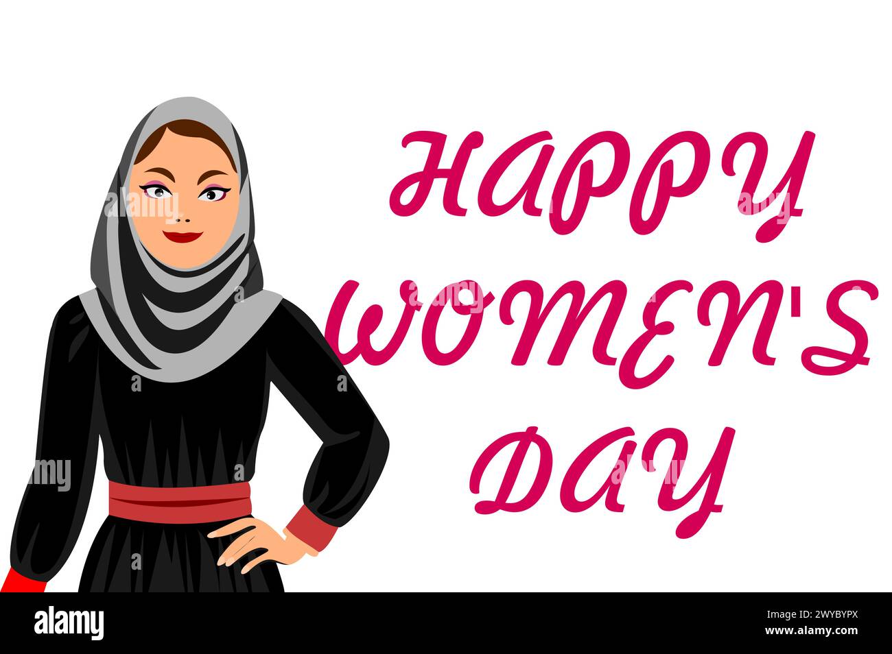 Joyeuse fête des femmes une fille musulmane avec texte de fête des femmes heureux isolé sur fond blanc. Joyeuse journée des femmes arabe, journée internationale des femmes. Illustration de Vecteur
