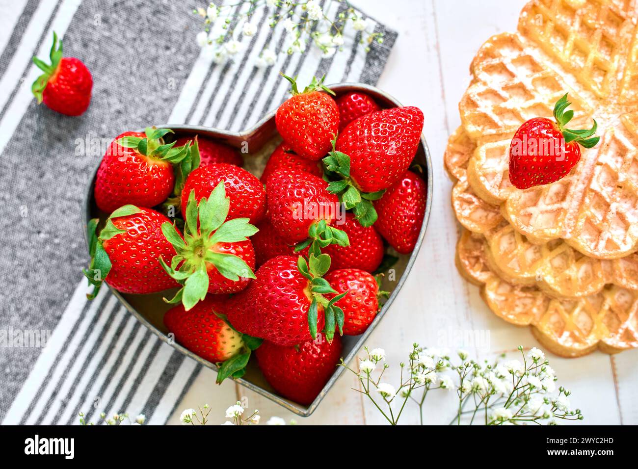 Augsbourg, Bavière, Allemagne - 5 avril 2024 : fraises rouges fraîches décorées en forme de coeur avec des gaufres fraîchement cuites avec du sucre en poudre *** Frische rote Erdbeeren dekoriert in einer Herzform zusammen mit frisch gebackenen Waffeln mit Puderzucker Banque D'Images