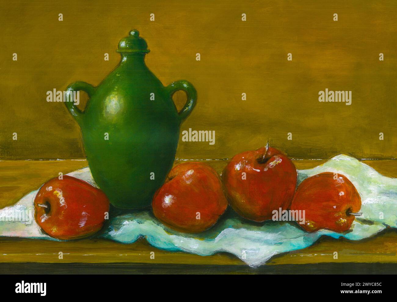 Pommes rouges et poterie verte sur tissu blanc. Peinture acrylique natures mortes. Banque D'Images