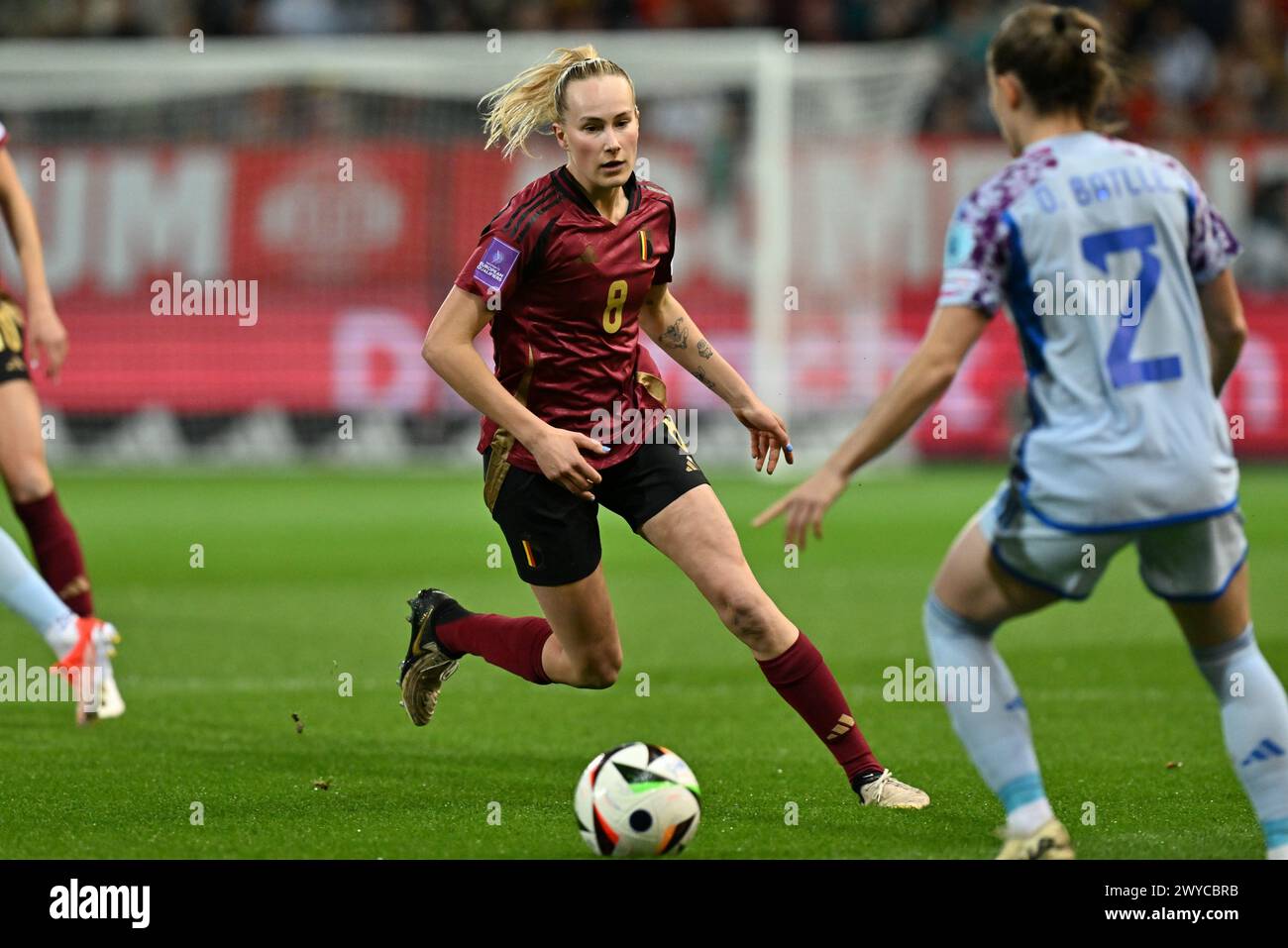 Leuven, Belgique. 05th Apr, 2024. La belge Feli Delacauw photographiée en action lors d'un match de football opposant l'équipe féminine belge les Red Flames à l'Espagne, vendredi 05 avril 2024 à Heverlee, Louvain, match 1/6 des qualifications des Championnats d'Europe 2025. BELGA PHOTO DAVID CATRY crédit : Belga News Agency/Alamy Live News Banque D'Images