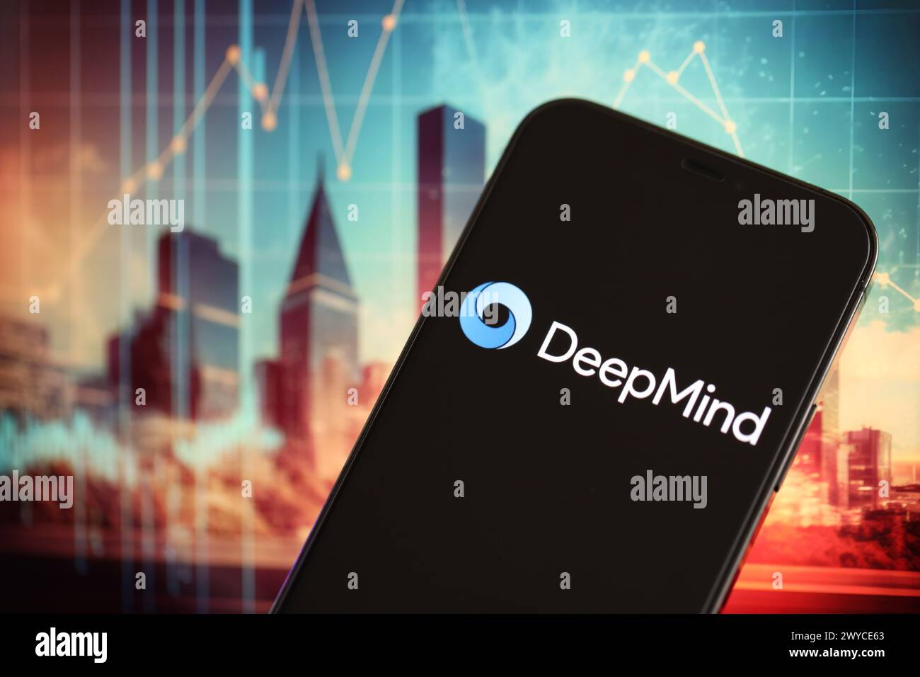 KIEV, UKRAINE - 17 MARS 2024 logo DeepMind sur l'écran d'affichage de l'iPhone avec arrière-plan de l'intelligence artificielle futuriste ai généré l'image en gros plan Banque D'Images