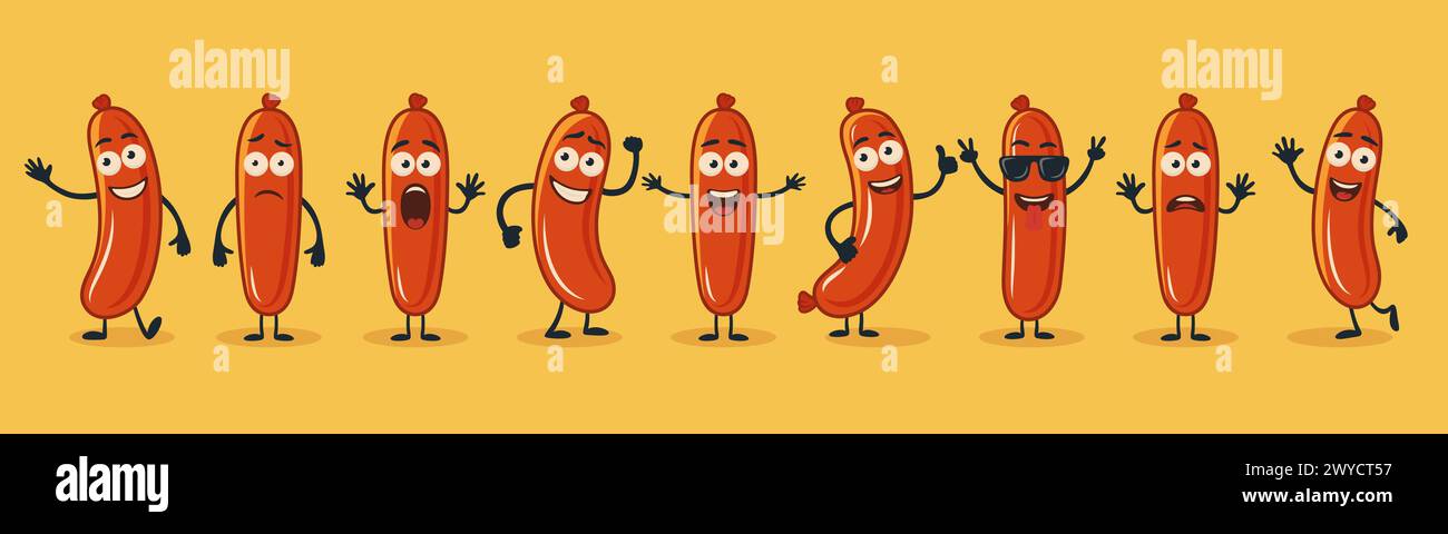 Personnages mignons et drôles de saucisse de dessin animé dans différentes poses et émotions. Jeu de caractères de saucisse Flat Cartoon. Illustration vectorielle Illustration de Vecteur