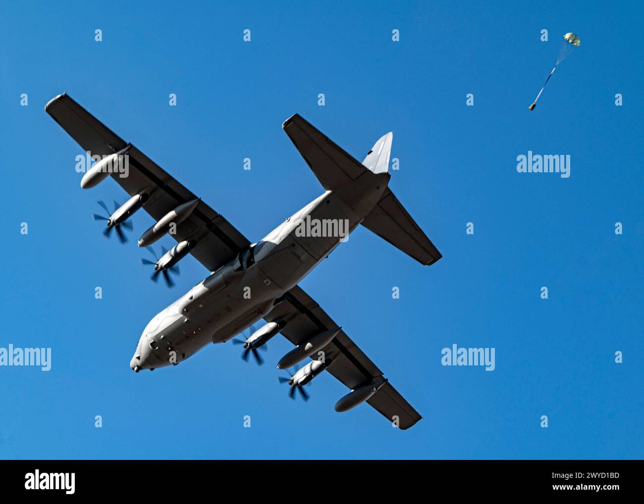 Les aviateurs de sauvetage de l'US Air Force larguent une cargaison d'un HC-130J combat King II au-dessus de Smoky Hill Air National Guard Range, Kansas, le 26 mars 2024. Les débarquements de cargaison faisaient partie du Rescue Rodeo, un événement de formation et de compétition de sauvetage. Chaque escadron participant à l'événement a effectué plusieurs chutes de précision sur la portée. (Photo de l'US Air Force par Airman 1st Class Leonid Soubbotine) Banque D'Images