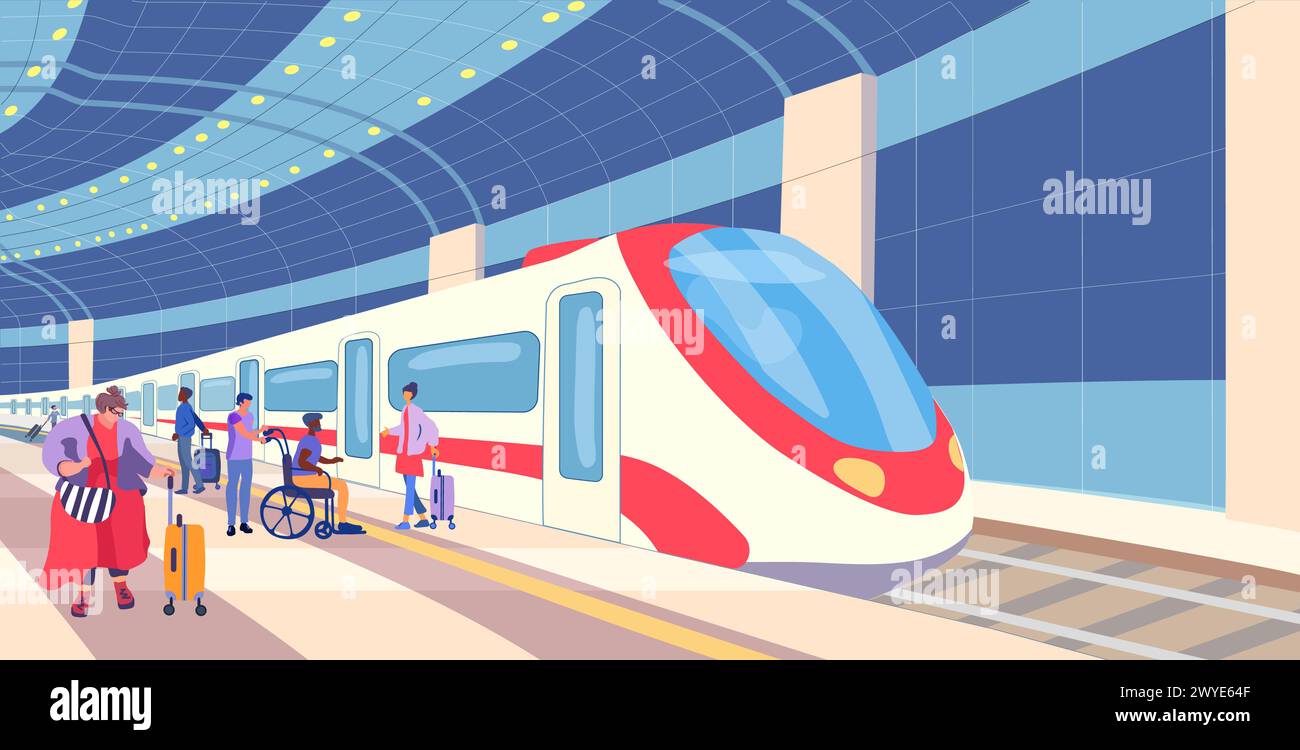 Gare dans la soirée. Voitures de passagers sur une plate-forme avec personnes. Inclusion humaine. Grosse femme. Passagers en attente avec bagages. Rencontrer des gens. Illustration vectorielle Illustration de Vecteur