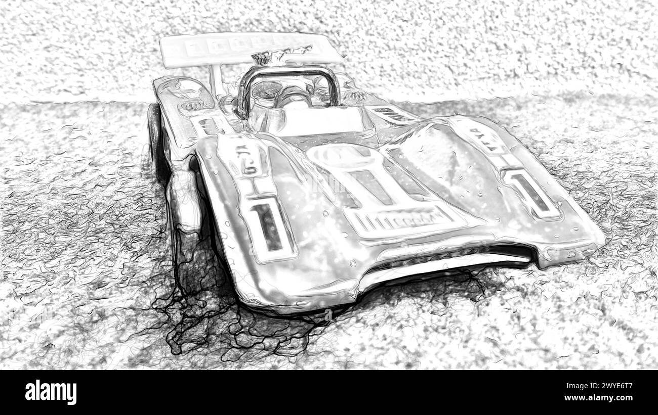 Style de dessin numérique noir et blanc représentant une voiture de course Banque D'Images